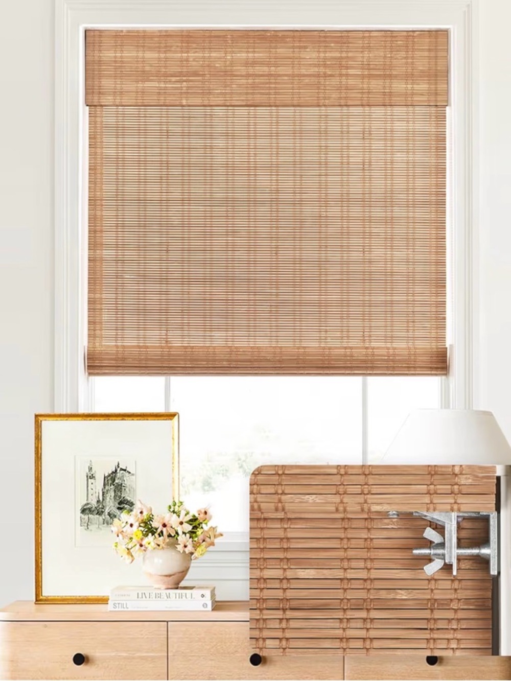 Bamboo Roman Shades Cordless No Drill 36x48 Light Filtering LazBlinds New